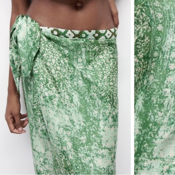 Zara Green Printed Wrap Skirt with Beaded Waist Size S - Picture 3 of 12